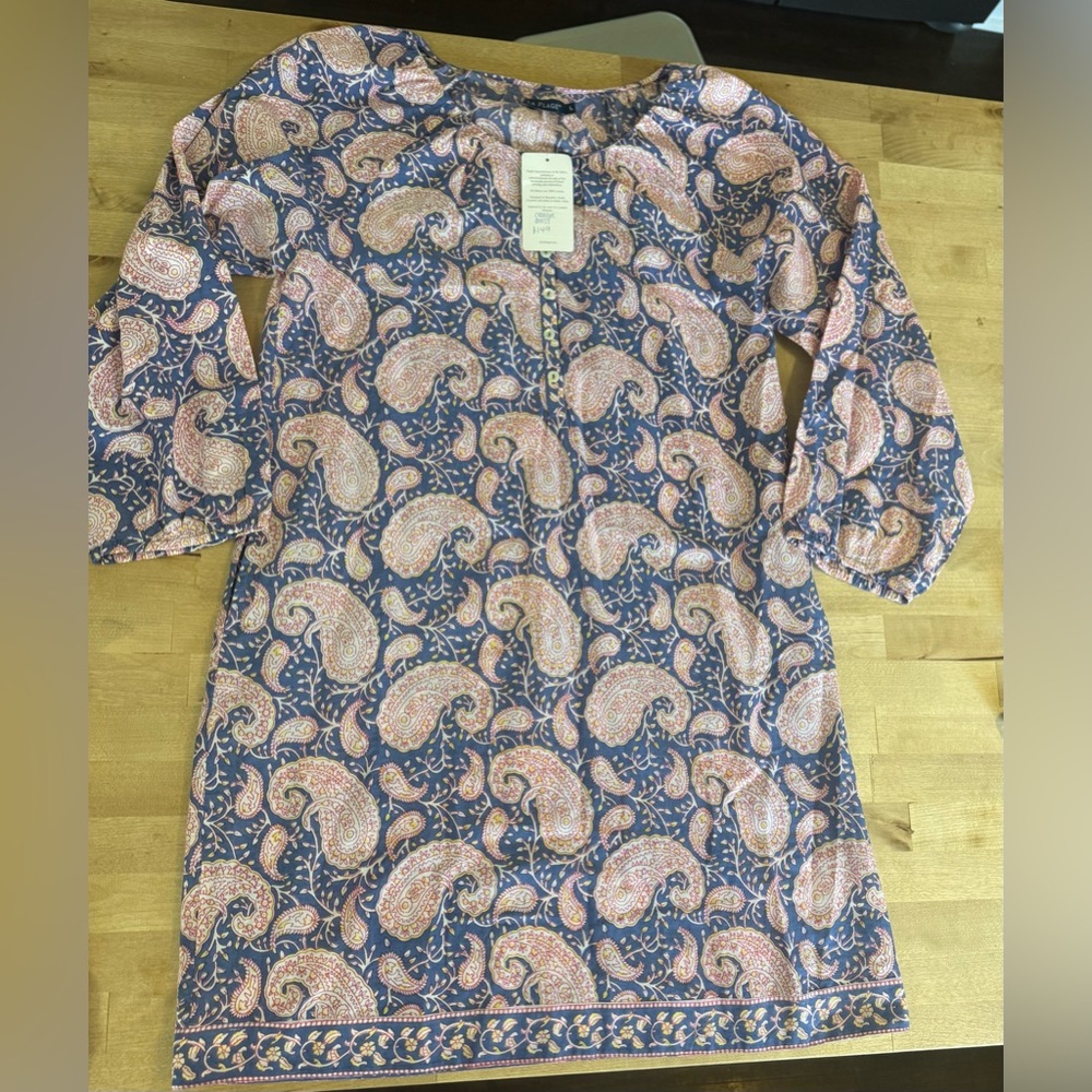 Long Sleeve Paisley Print Dress in Navy and Pink